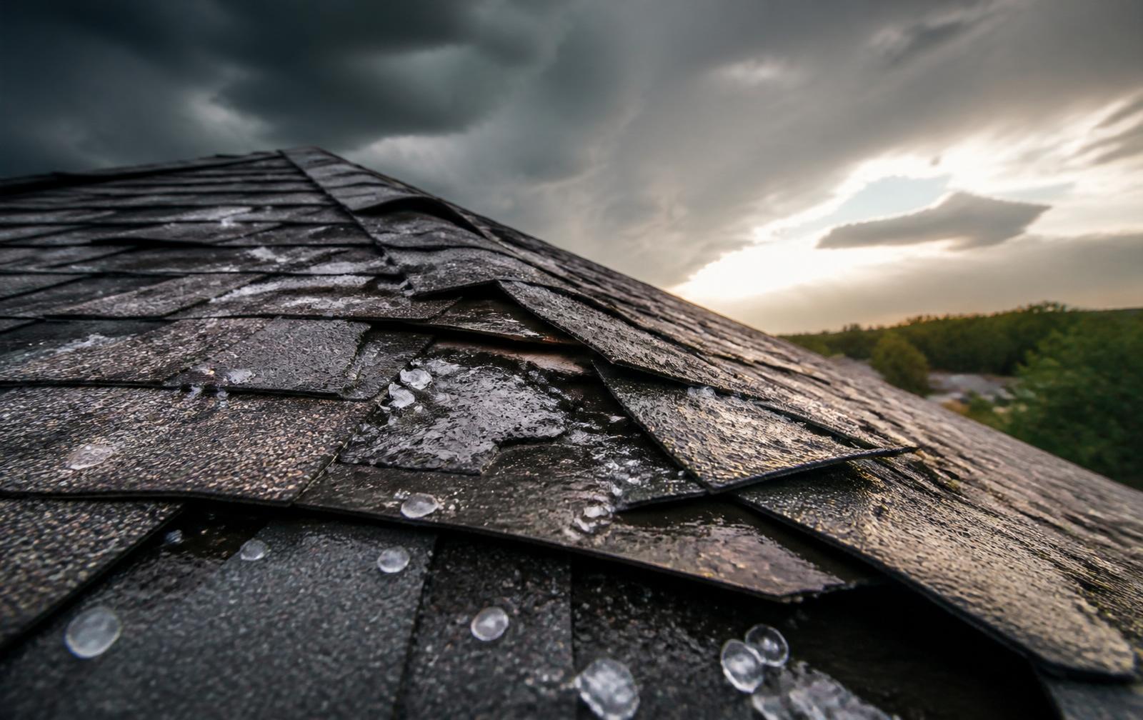 Hail-damaged asphalt shingles on an Oklahoma roof after a severe storm